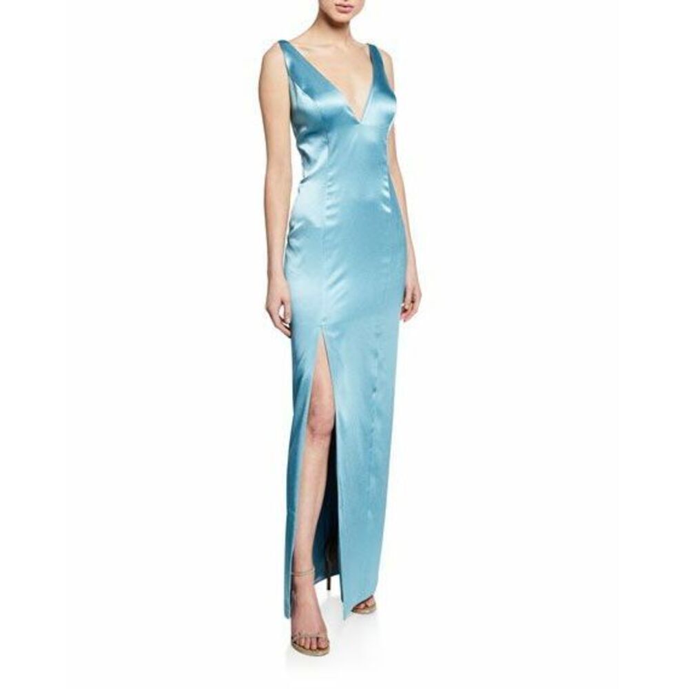 Aidan by Aidan Mattox women's V-Neck Strappy Satin Slip Gown Steel Blue $350